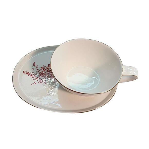 Graces Teaware Oval Cup Snack Plate Merry Christmas Red Holly Gold Trim Writing - Picture 3 of 16